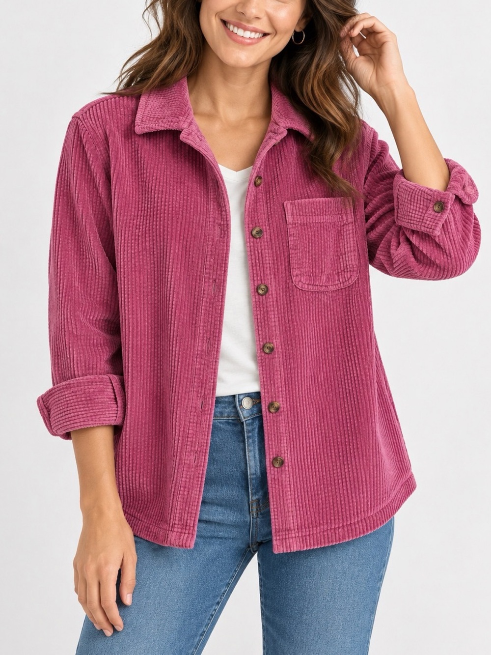 L.L.Bean Comfort Corduroy Button Down Shirt Large Rose Pink